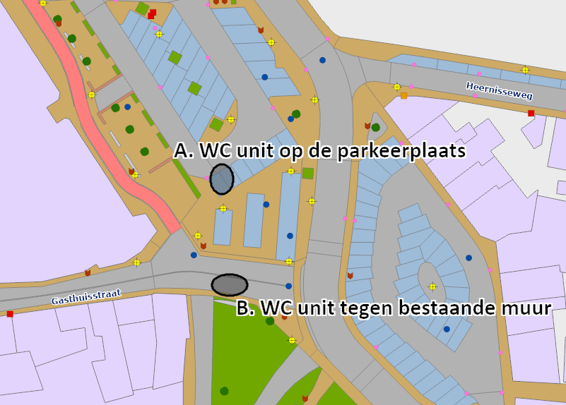 De Oostwal met twee mogelijke opties voor het toilet: A. WC unit op de parkeerplaats en B. WC unit tegen bestaande muur Gasthuisstraat.